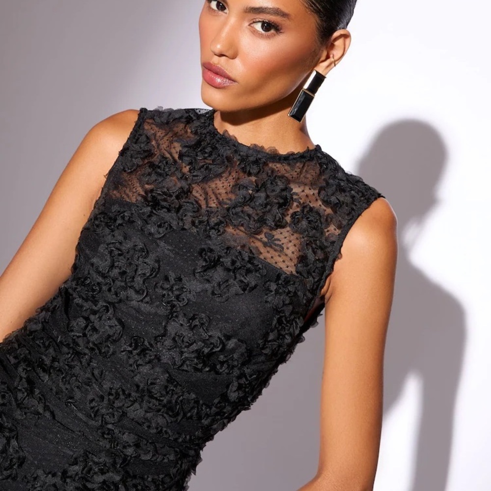 NWT (size 10) Lipsy Black 3d Floral Mesh Midaxi Bodycon Dress - Picture 2 of 10